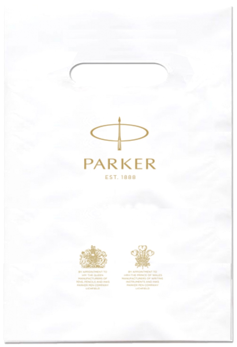 Фирменный подарочный пакет PARKER, Малый, полиэтиленовый, белый, 20*30 см.