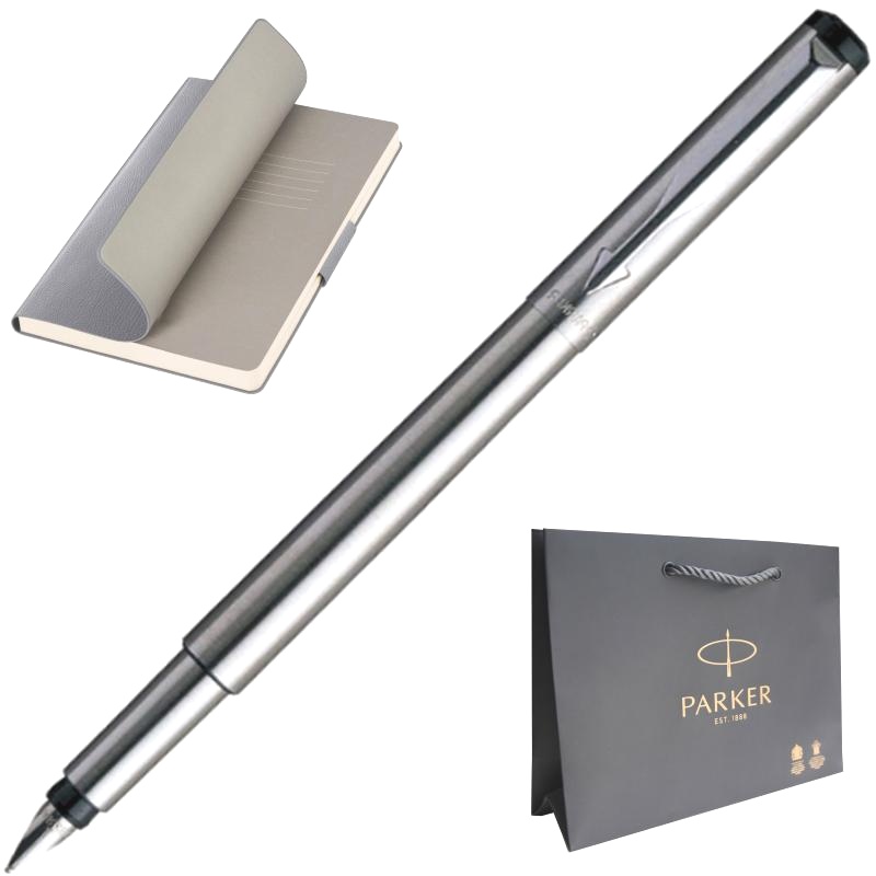 Набор: Перьевая ручка Parker Vector F03, Steel (Перо M) + Ежедневник, недатированный, А5, серый